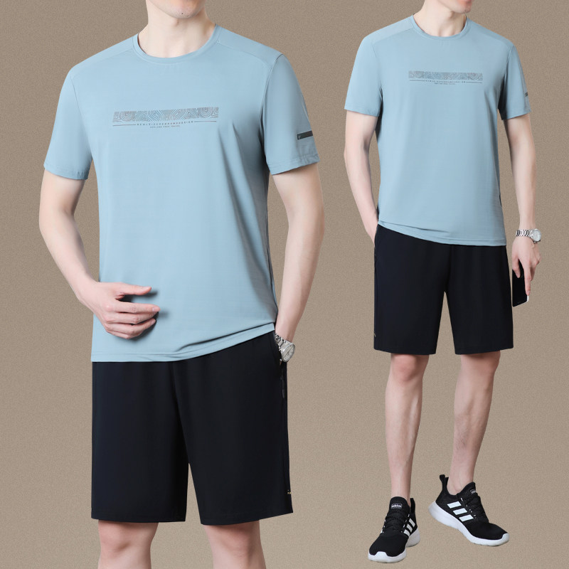 中老年男士夏季速干短袖t恤短裤运动服套装爸爸夏天休闲冰丝半袖
