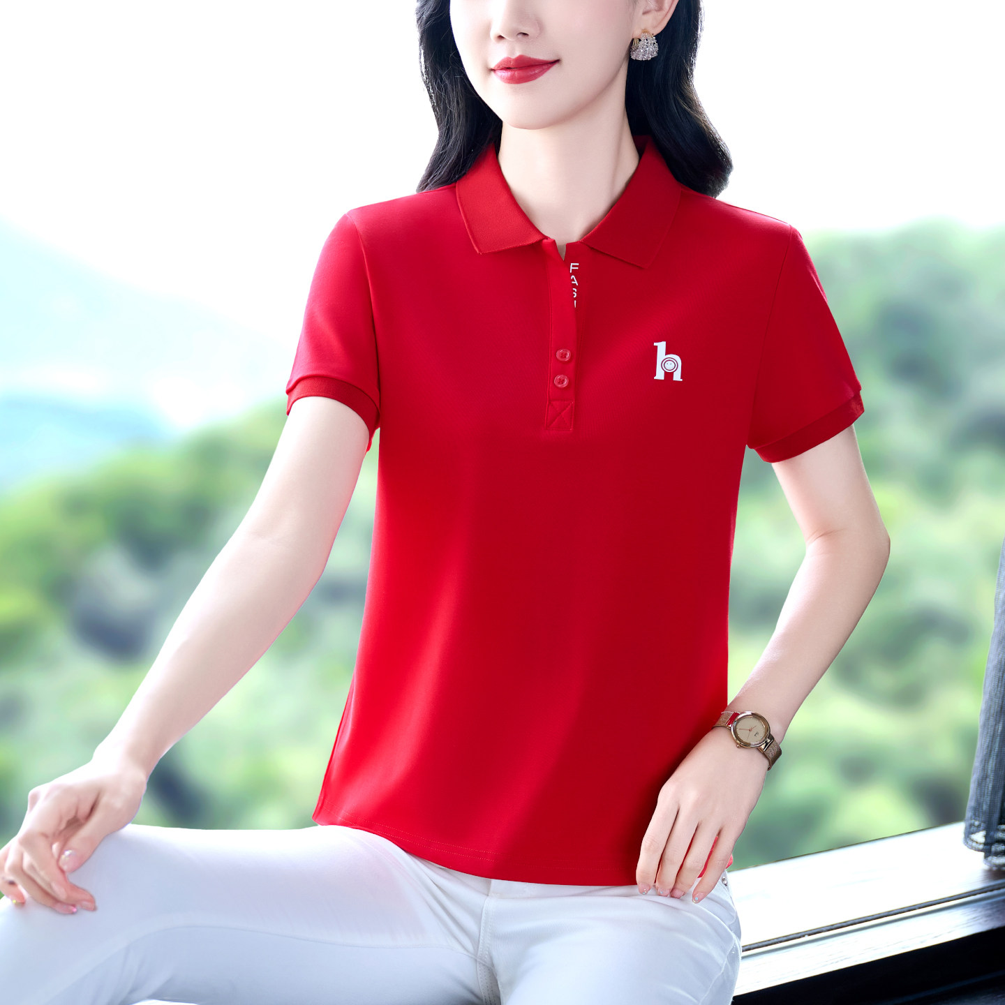 品牌高档妈妈夏装polo衫女中老年女士显瘦广场舞休闲运动上衣