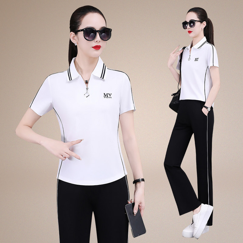 品牌妈妈运动套装夏洋气中年女夏装短袖T恤中老年人polo衫两件套