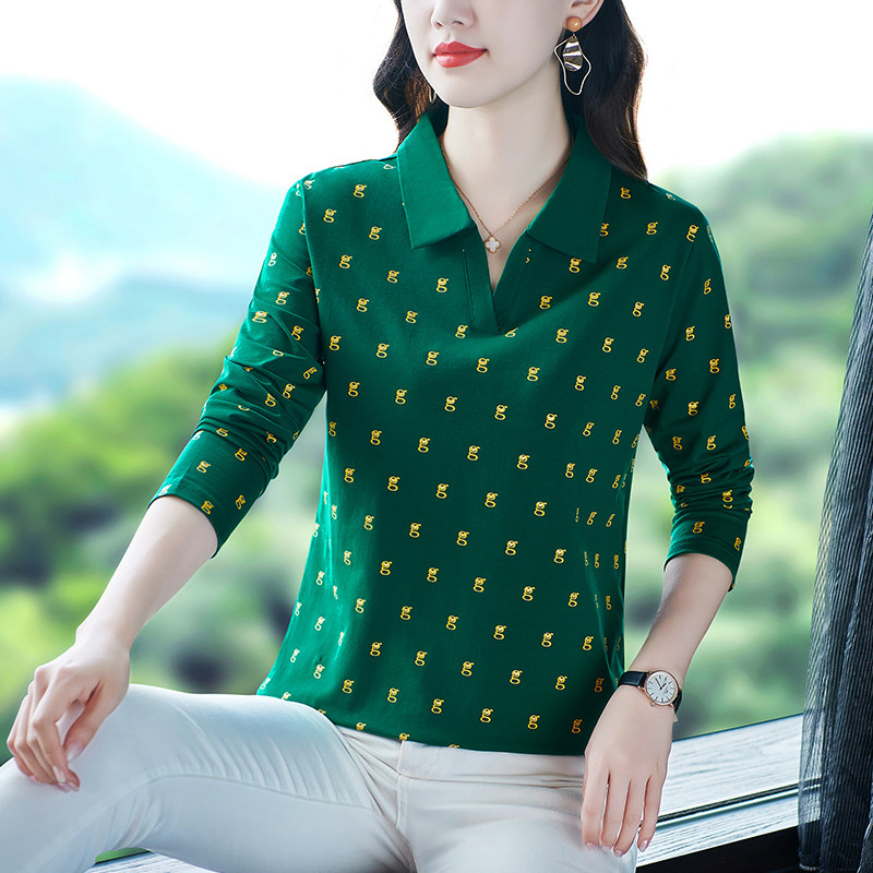 妈妈纯棉长袖t恤女春秋装新款翻领洋气中年女士大码显瘦运动上衣