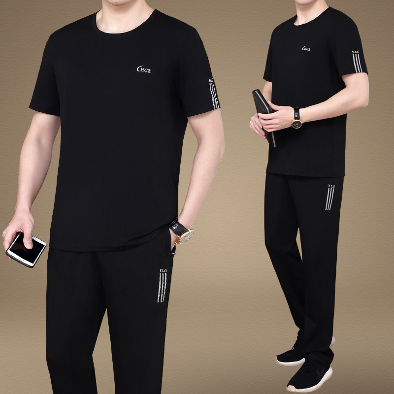 中老年运动套装男士夏季新款圆领短袖宽松薄款休闲爸爸夏装两件套