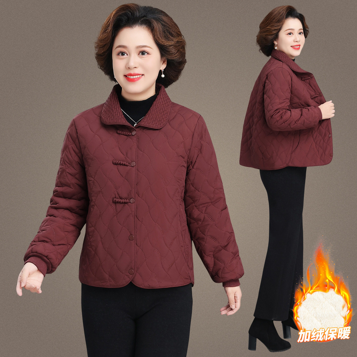 妈妈休闲加绒加厚棉服中年女装秋冬装新款棉衣中老年短款棉袄外套