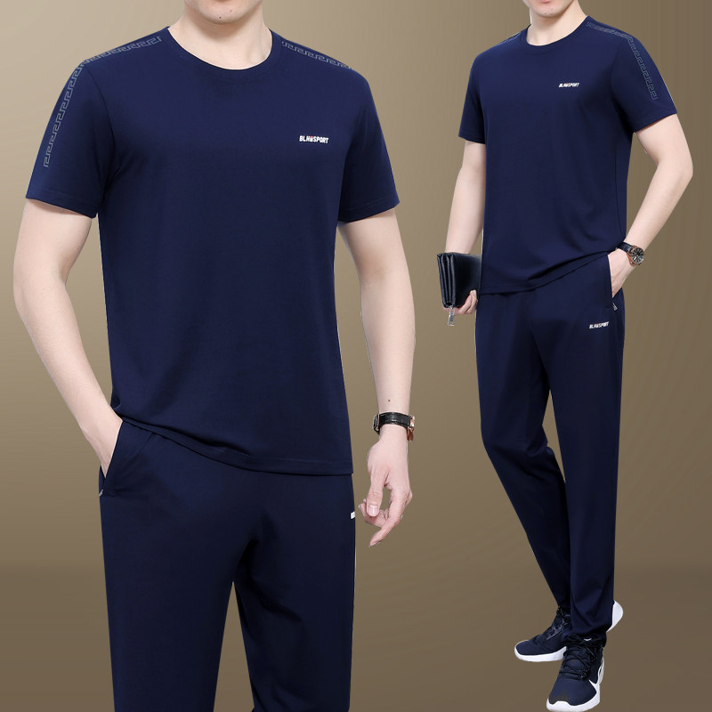 中老年运动套装男夏季薄款短袖圆领休闲装中年运动服男士爸爸夏装