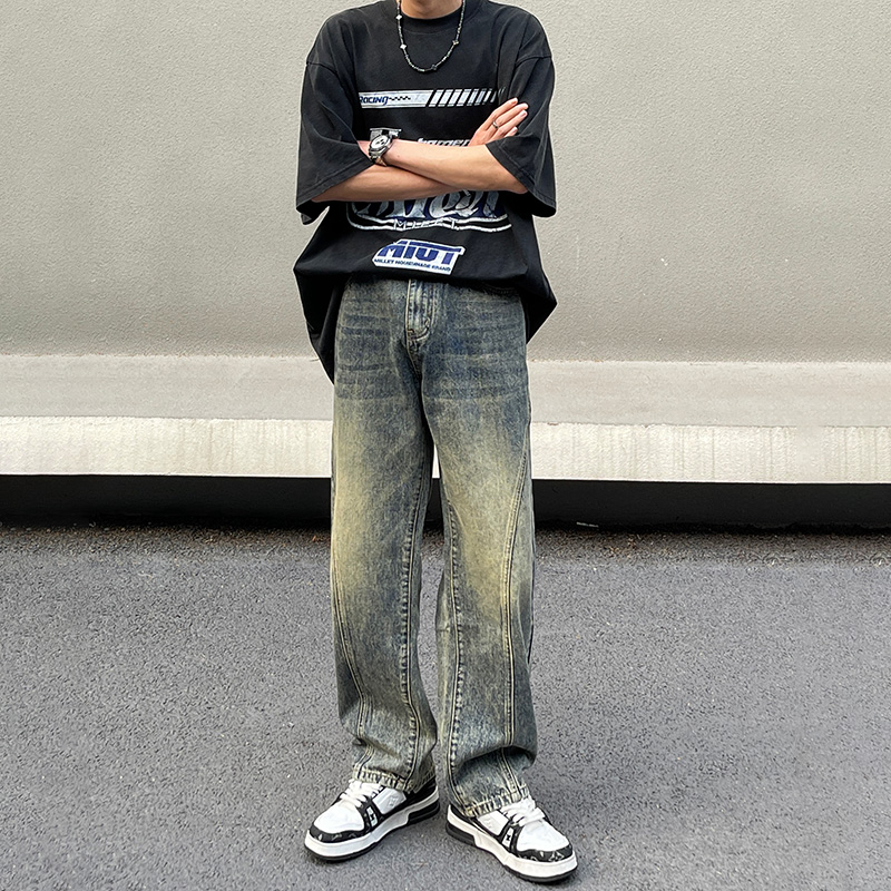 复古蓝直筒牛仔裤男2025新款春秋潮牌美式裤子宽松阔腿休闲裤男款