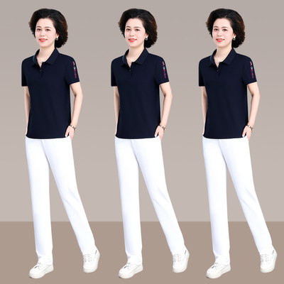 妈妈夏装印花休闲套装时尚洋气速干两件套中老年运动服女薄款