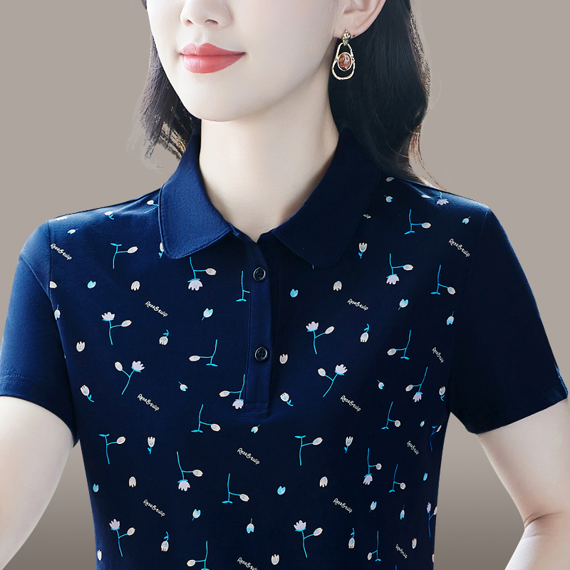 品牌纯棉短袖女士时尚妈妈polo衫宽松翻领t恤大码夏装上衣印花潮