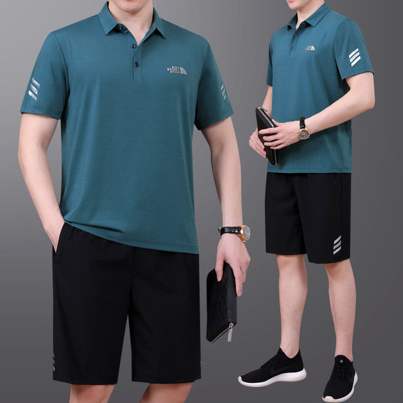 中老年运动套装男士夏季冰丝短袖短裤休闲宽松透气父亲节爸爸夏装