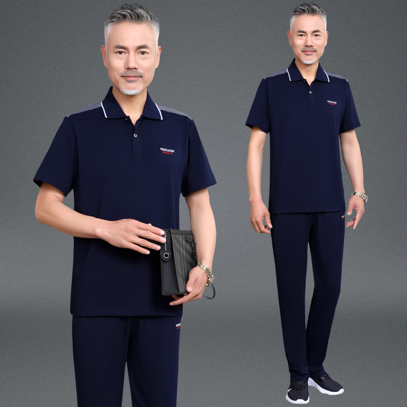 爸爸夏装套装时尚短袖t恤休闲运动中老年夏季衣服中年男装两件套