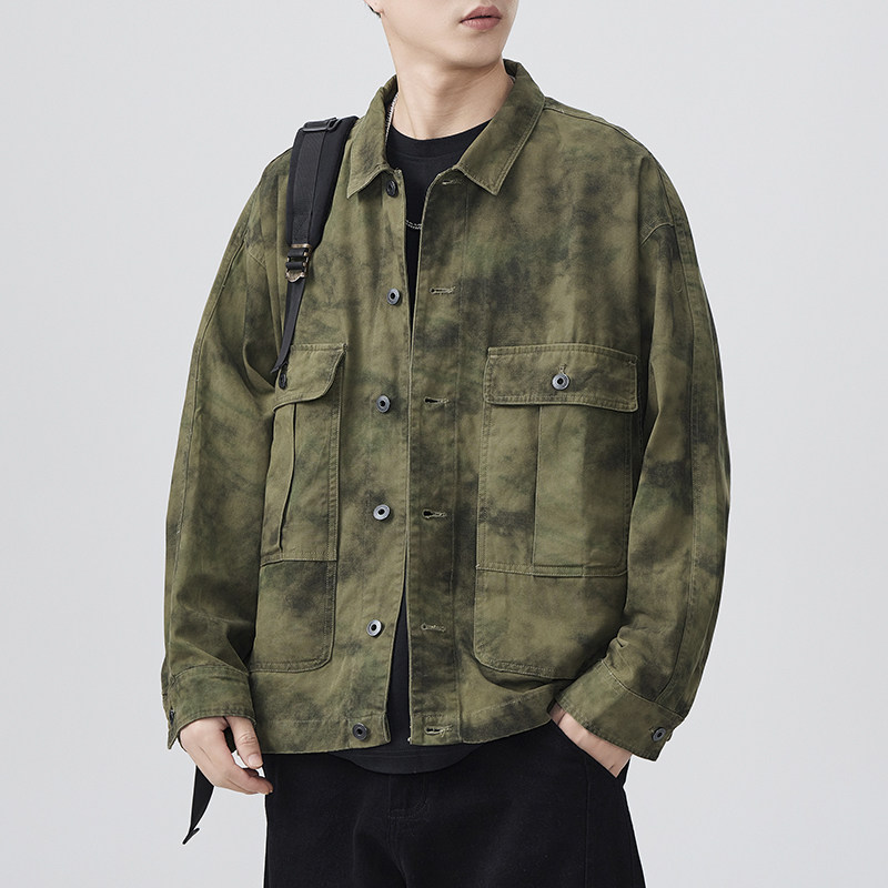 美式复古重磅工装外套男春秋款潮牌古着阿美咔叽水洗高街潮流夹克