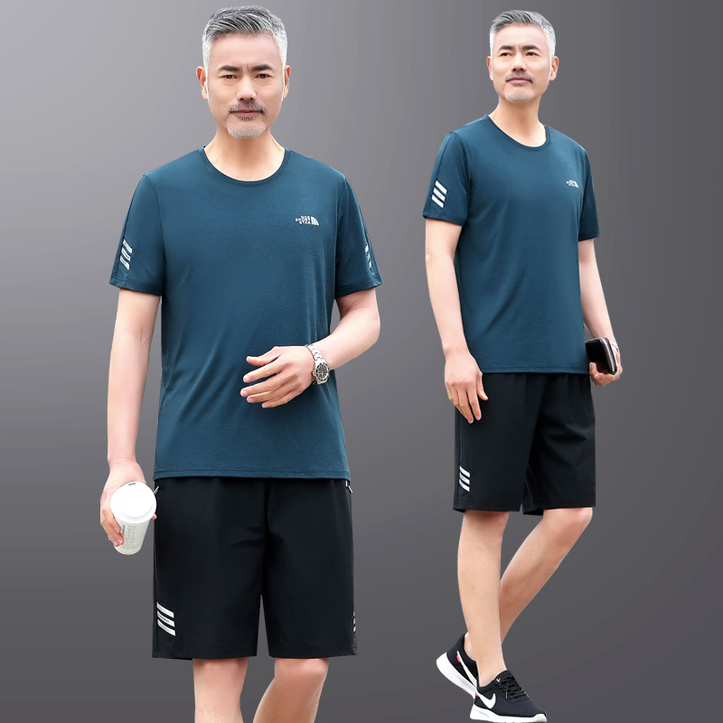 爸爸夏装运动套装新款中年男士圆领短袖T恤中老年冰丝衣服父亲节