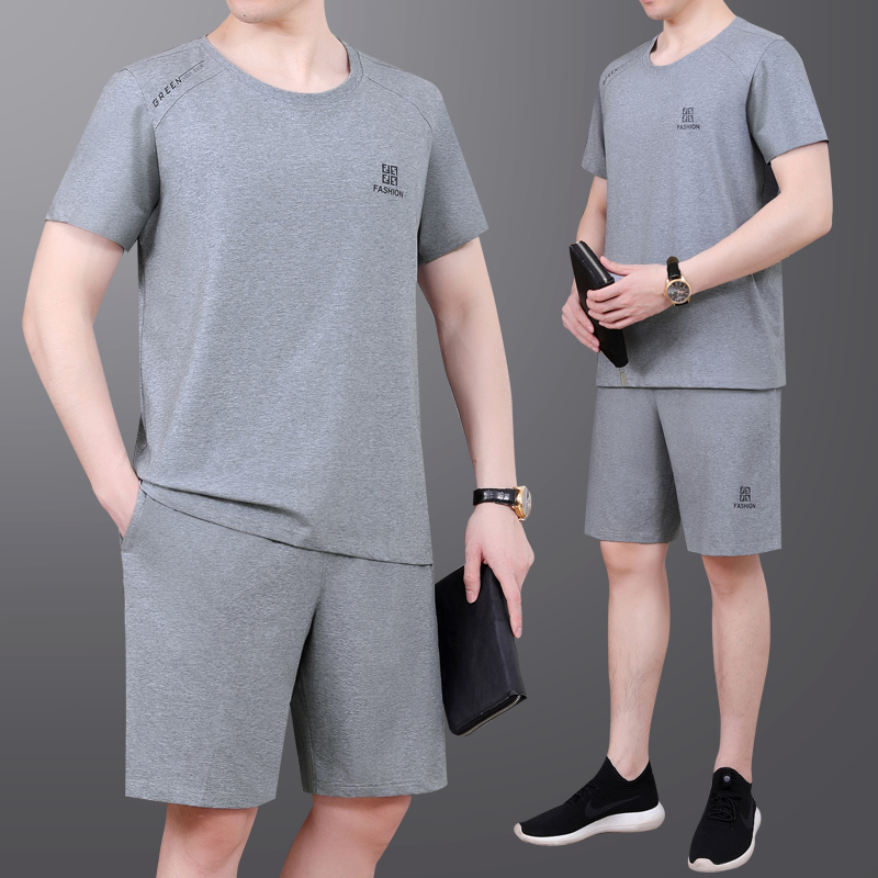 中年男士夏季宽松爸爸夏装休闲半袖t恤中老年短袖短裤运动服套装