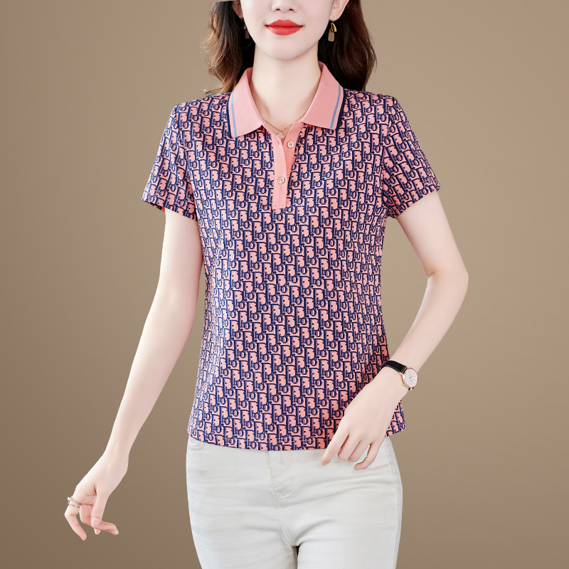 妈妈短袖t恤女纯棉翻领夏装时尚提花有领上衣洋气显瘦带领polo衫