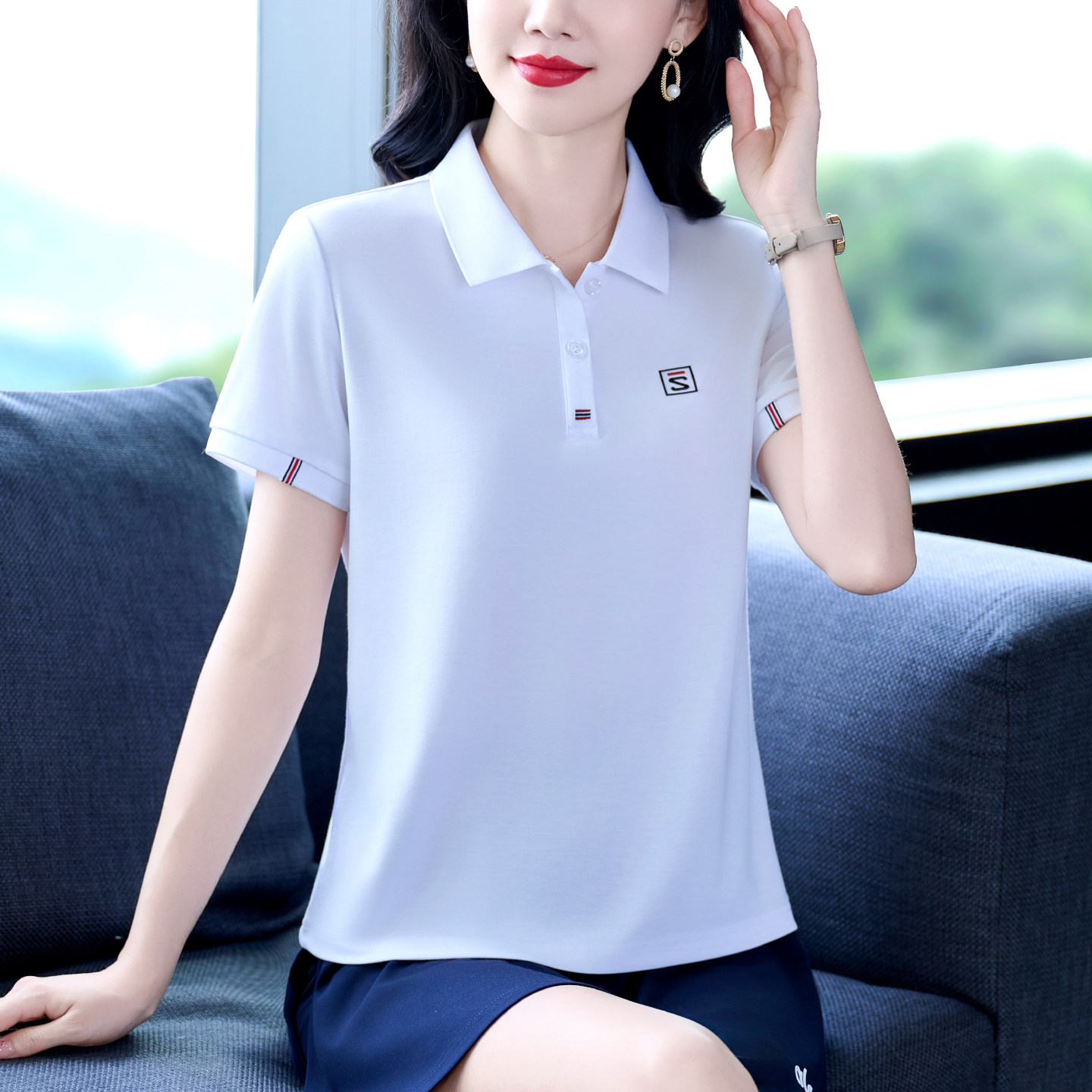 品牌妈妈短袖t恤女上衣2026新款夏装宽松翻领半袖POLO衫大码休闲