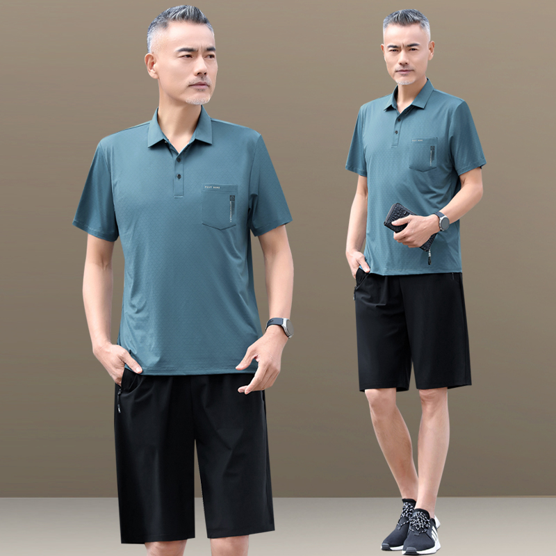 爸爸夏装套装冰丝T恤中年男短袖polo衫中老年人爷爷休闲夏季衣服