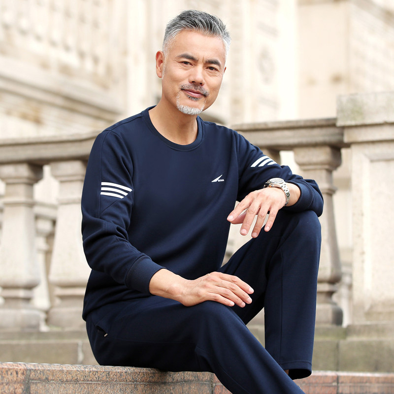 中老年运动服套装男士春秋季爸爸春装长袖圆领套头长袖休闲两件套