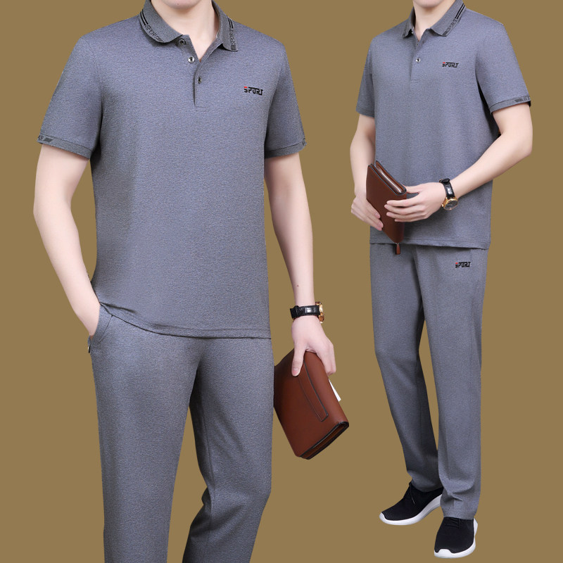 夏天季中老年男士爸爸装棉短袖长裤加大码商务休闲跑步运动服套装