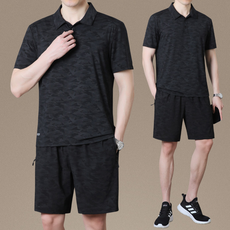 中老年男士夏季速干短袖t恤短裤运动服套装爸爸夏天休闲冰丝半袖