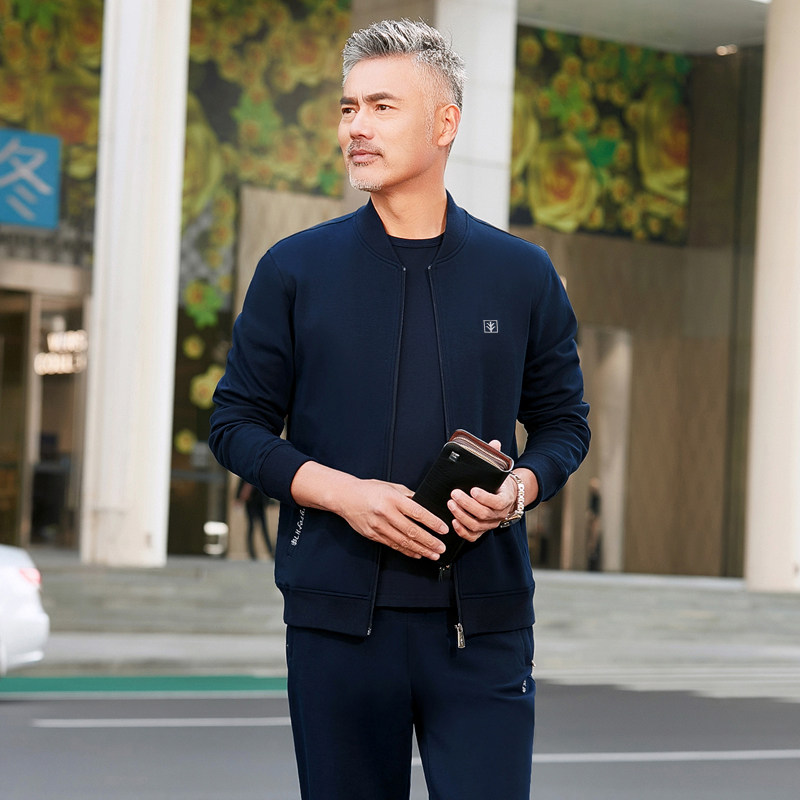 男士休闲运动套装春秋中老年运动服爸爸运动套装卫衣两三件套男装