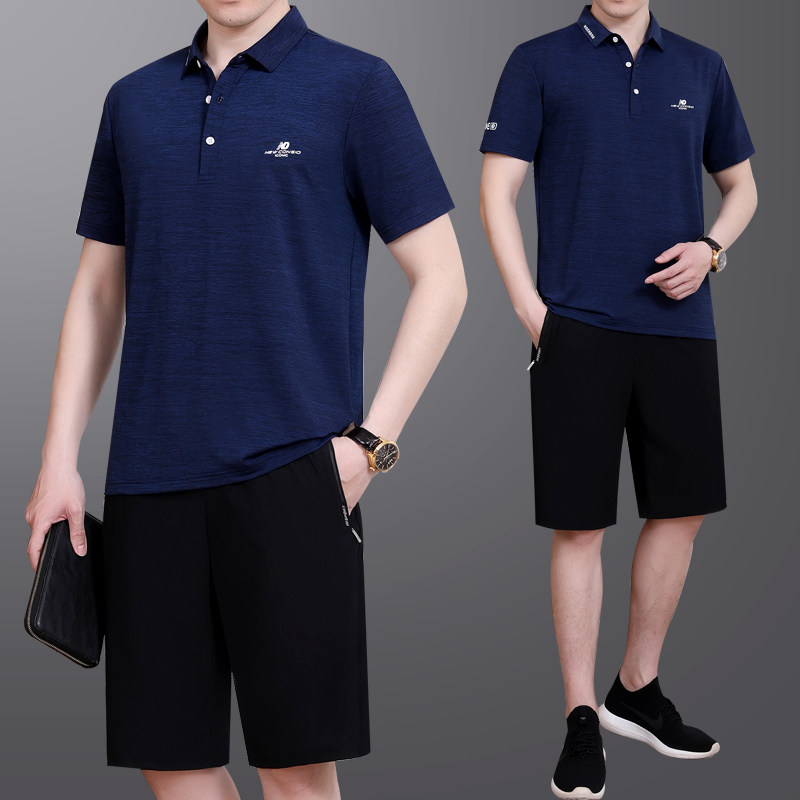 爸爸夏装冰丝运动套装男2025新款中老年短袖t恤父亲夏天速干衣服