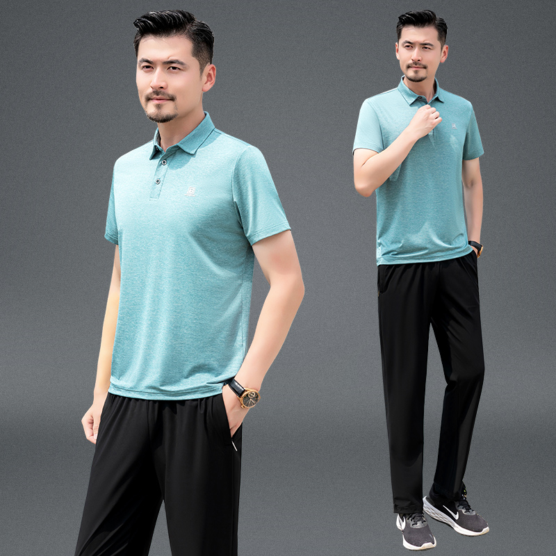 中老年运动套装男夏季冰丝短袖polo衫短裤父亲节衣服中年爸爸夏装