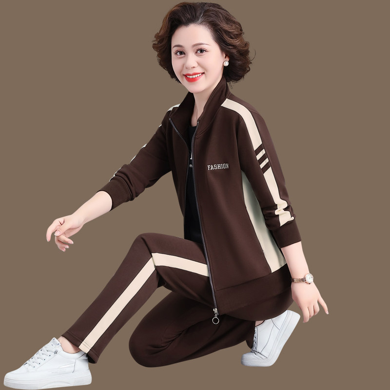 妈妈秋装休闲运动服套装洋气中老年女外套春秋中年大码上衣三件套