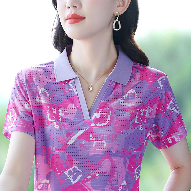 冰丝速干短袖t恤夏季2025新款女士polo衫大码宽松v领运动半袖上衣