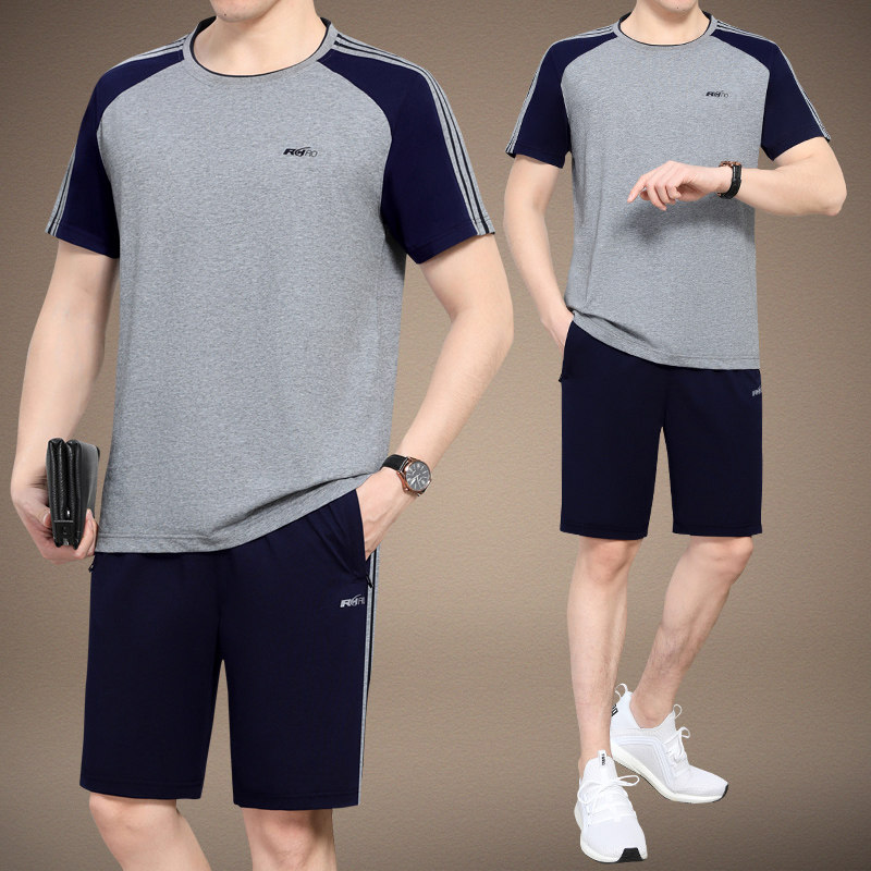 运动套装男夏季2022新款短袖短裤纯棉两件套大码男士夏装休闲衣服