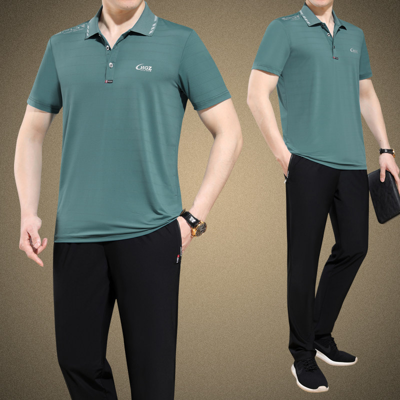 爸爸装夏装中老年人休闲运动服套装男士夏季短袖t恤冰丝速干衣服T
