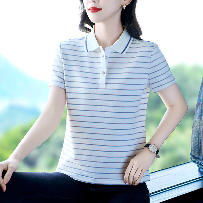 纯棉短袖t恤女夏季2025新款翻领条纹上衣洋气女士宽松polo衫夏装