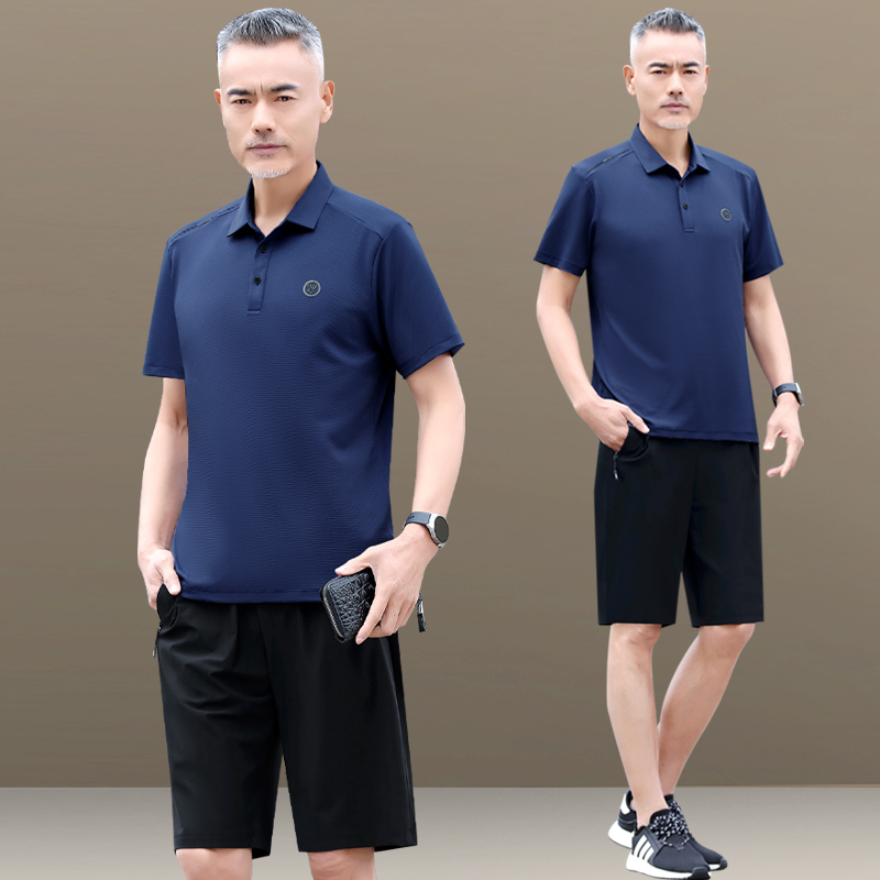 爸爸夏装冰丝套装2025新款中年人男士短袖t恤中老年男装夏季衣服