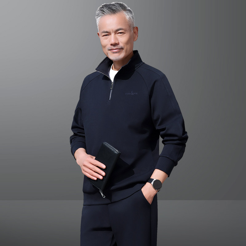 2025春装新款爸爸卫衣男士春秋季中老年套头立领上衣休闲运动套装