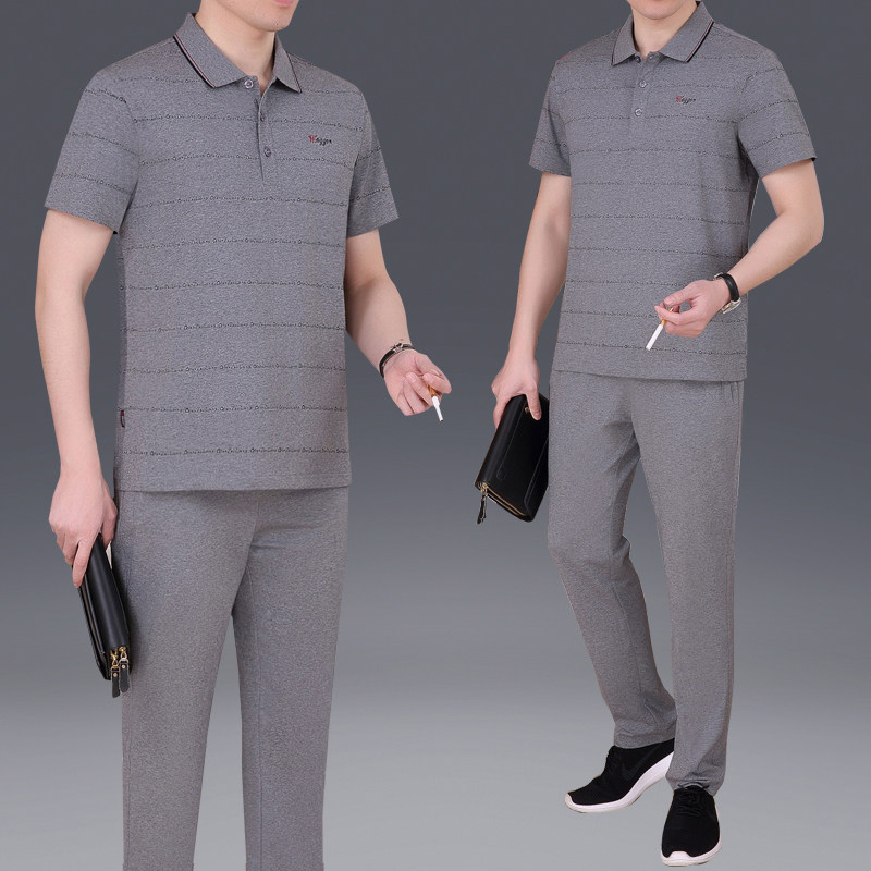 爸爸夏装套装中老年人男士短袖t恤休闲衣服父亲节运动套装男夏季