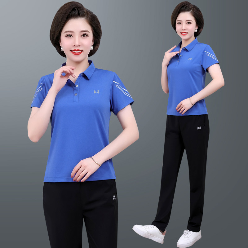 中年情侣装夏季套装时尚爸妈短袖t恤中老年人父母休闲运动服