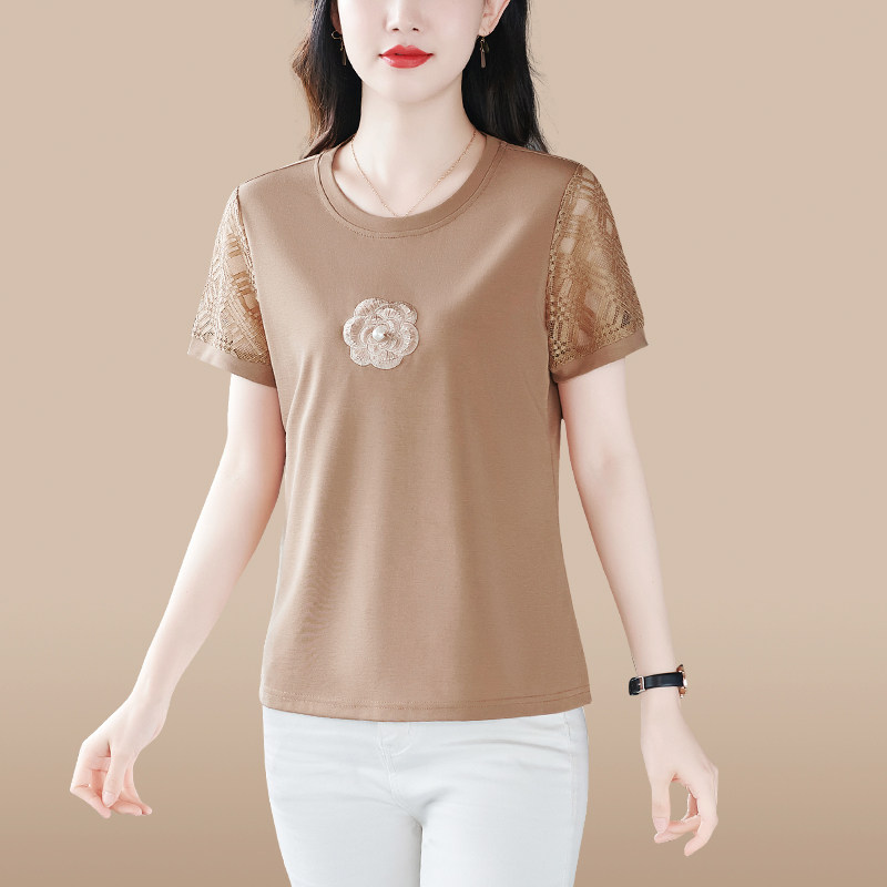 夏季女士短袖t恤2025新款蕾丝镂空半袖上衣中年人宽松休闲体桖衫