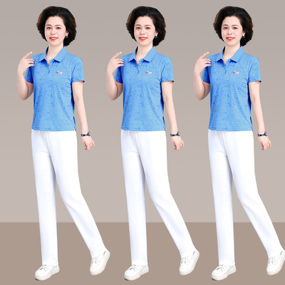 妈妈夏装印花休闲套装时尚洋气速干两件套中老年运动服女薄款