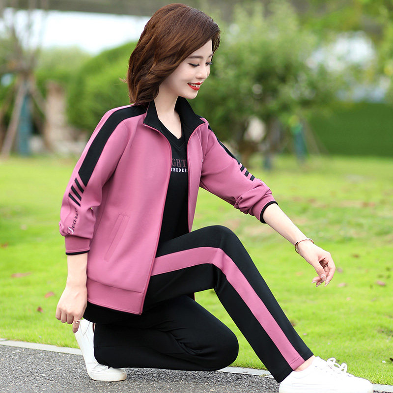 春装运动服套装新款中年女洋气外套中老年春秋健身大码三件套