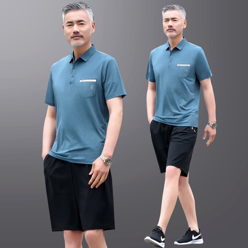 中老年人运动套装男士夏季短袖T恤休闲爸爸夏装冰丝父亲节衣服薄