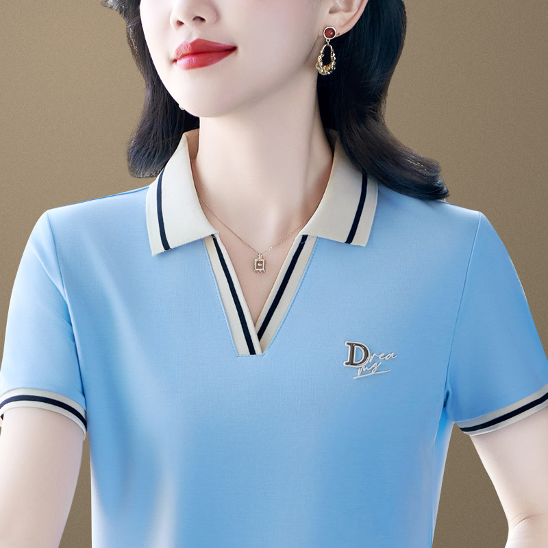 冰丝短袖t恤女2025新款女士时尚设计感大码夏装v领polo衫休闲上衣