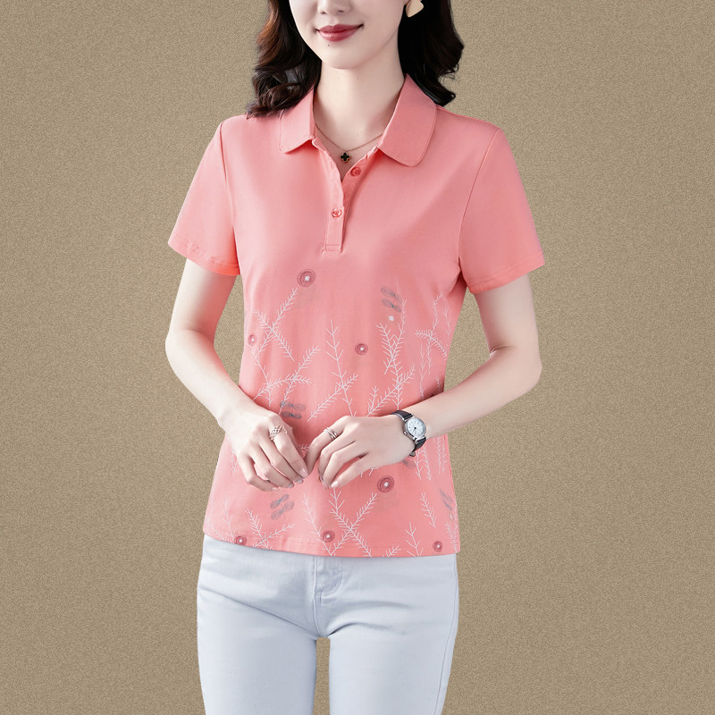 印花短袖袖t恤女2025年新款妈妈优雅翻领休闲上衣中年女士polo衫