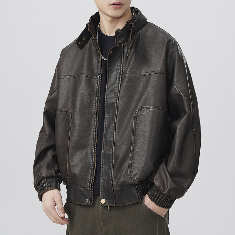 品牌高端复古机车皮衣外套男秋季潮牌宽松休闲硬汉痞帅工装夹克