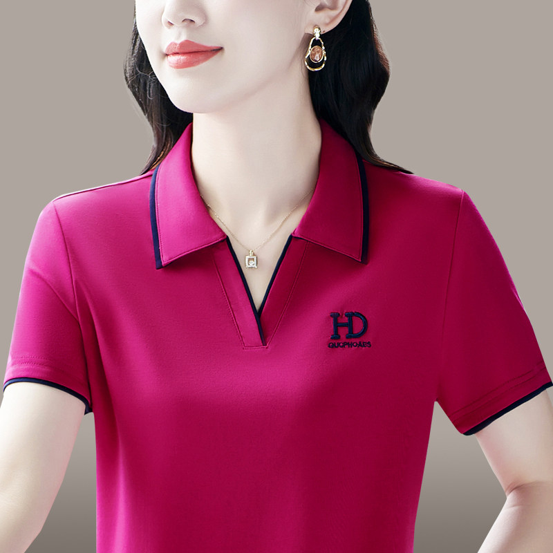 高级感t恤女士洋气妈妈短袖夏装大码宽松polo衫翻领上衣绣花潮
