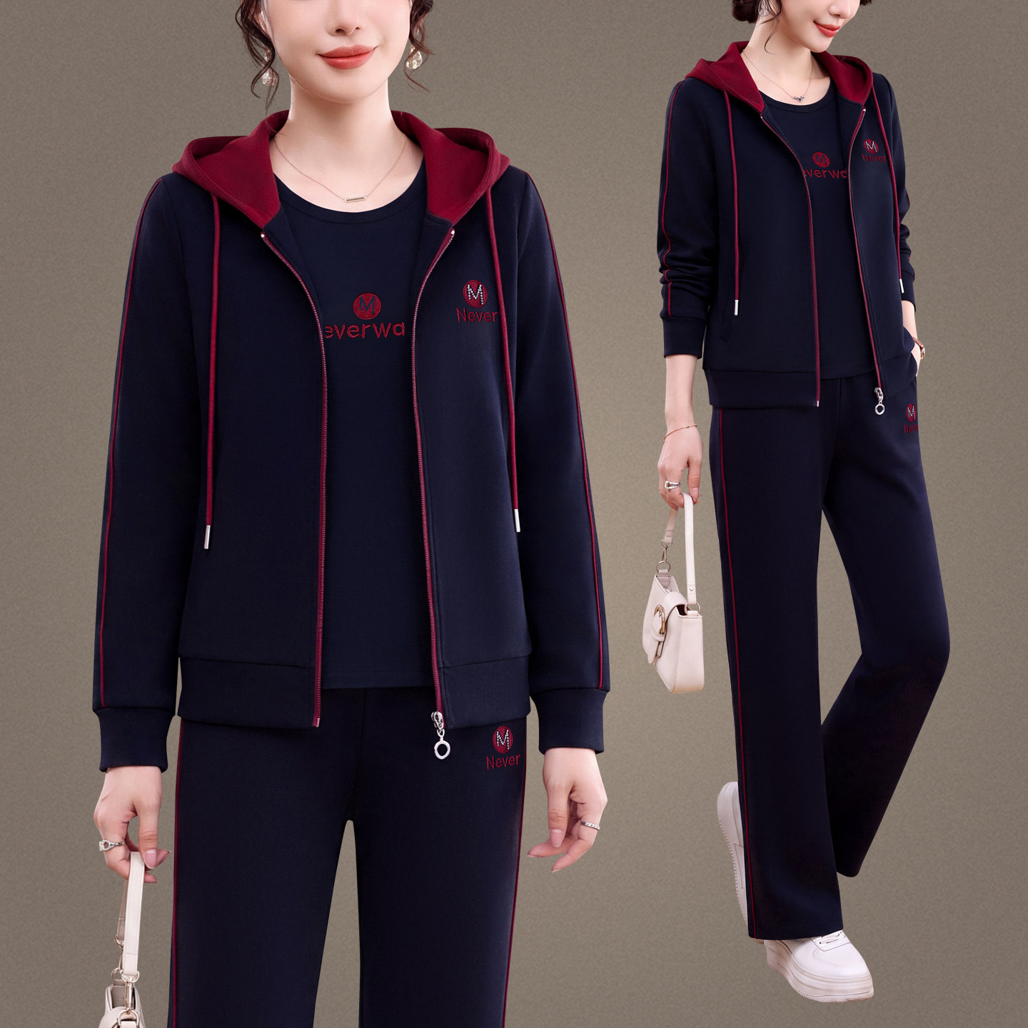 品牌中老年休闲运动套装时尚中年三件套运动服休闲洋气时尚妈妈装