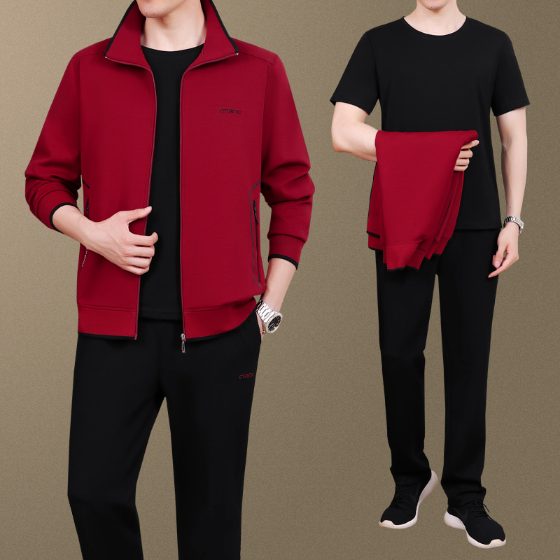 中老年运动套装男春秋季爸爸中年衣服男士休闲大码男装外套三件套
