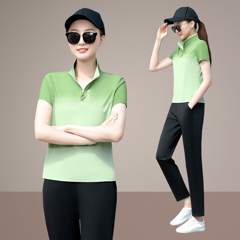 冰丝速干渐变休闲运动服套装男夏季2025新款情侣短袖长裤女跑步服