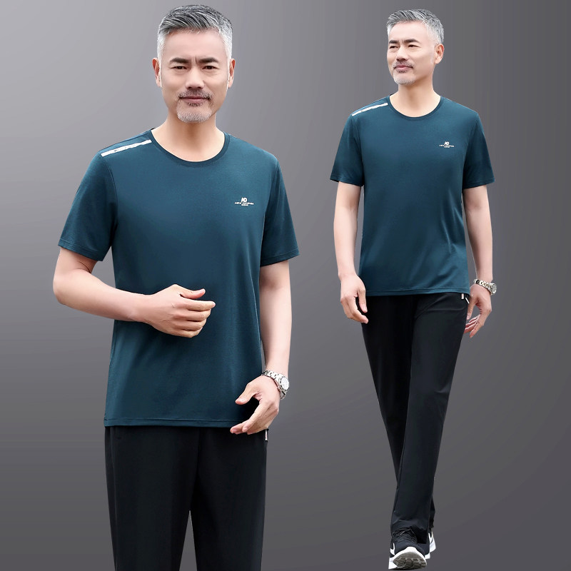 中老年人休闲运动套装男士夏季短袖t恤短裤爸爸装夏装冰丝速干衣