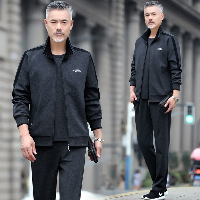 中老年运动套装男春秋季三件套宽松开衫大码爸爸男装休闲运动服