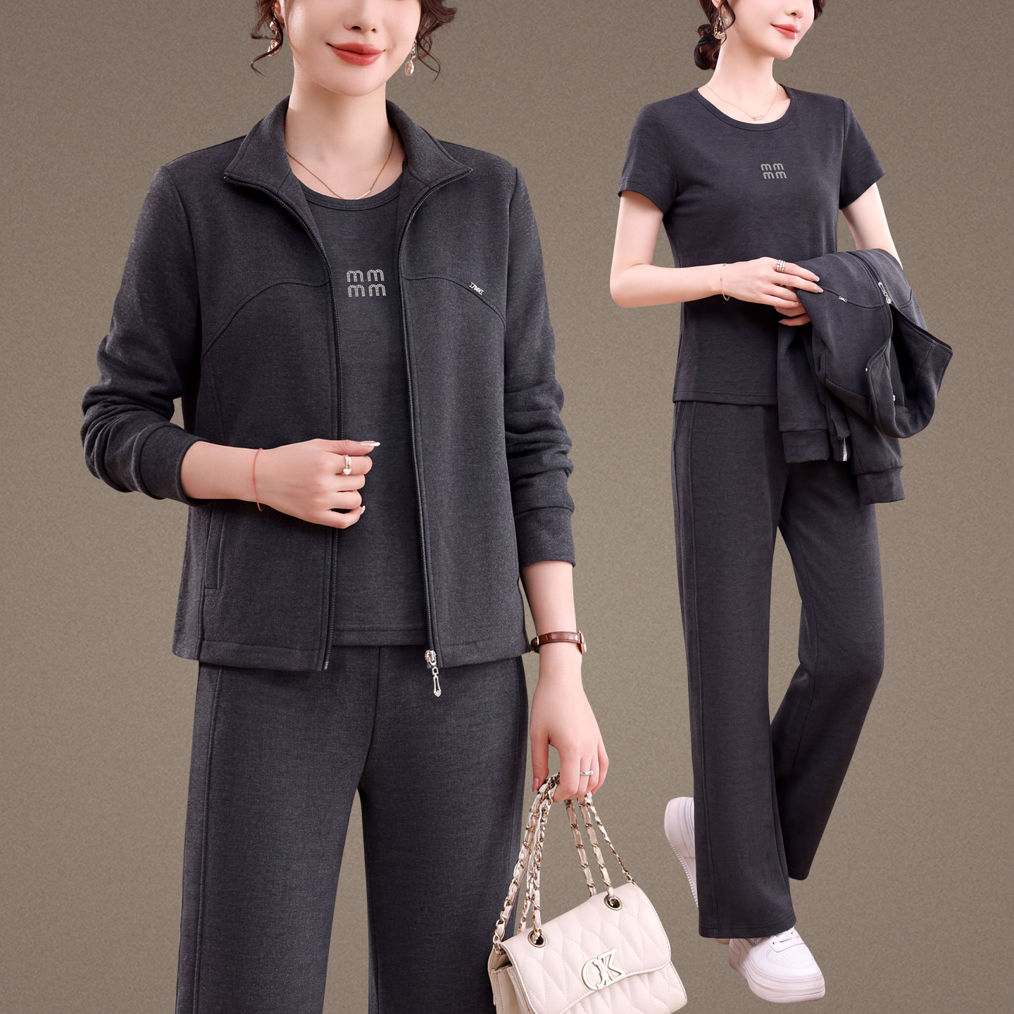 秋季高端运动套装女春秋2026新款中年妈妈长袖外套大码休闲三件套