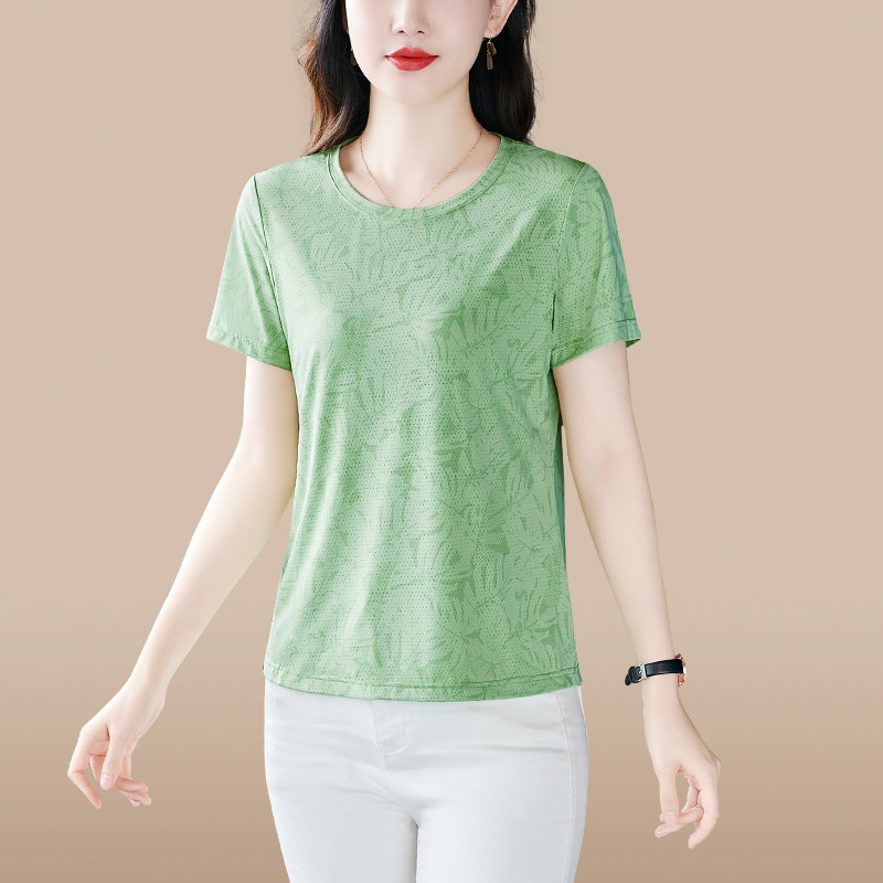 运动短袖t恤女2025新款夏季薄款冰丝中年妇女圆领体恤衫速干上衣