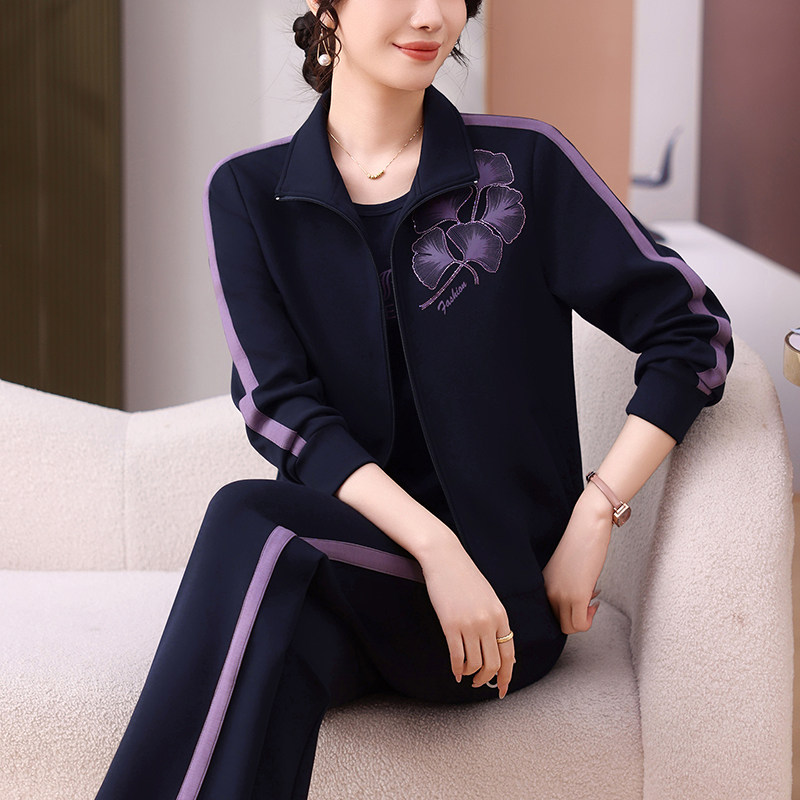 中年妈妈秋季外套中老年人运动服套装女春秋洋气阔太太秋装三件套