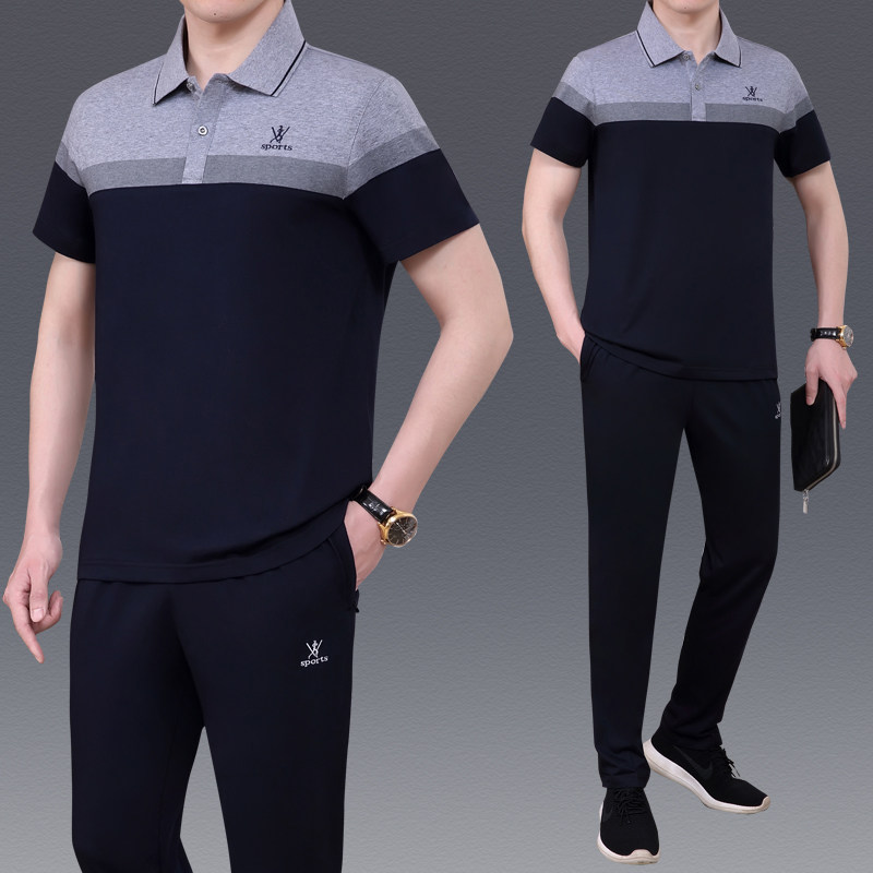 中老年休闲运动服套装男夏季爸爸装纯棉短袖父亲翻领衣服爷爷薄款